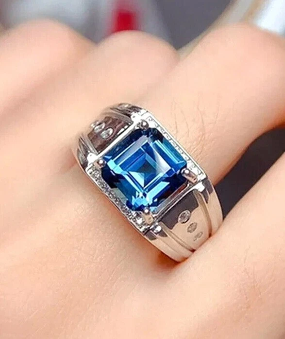 Anillo de lujo para hombre con topacio azul Londres simulado corte Asscher chapado en oro blanco de 14 k Foto 4 de 4