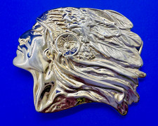 Native American Indian Chief Head with Headdress Gold Color Cutout Belt Buckle