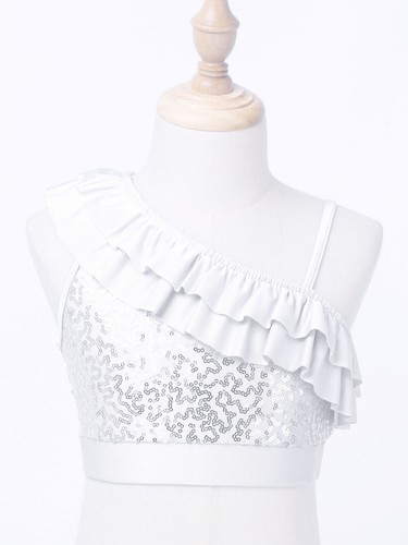 Girls Sequined Ruffled Ballet Dance Crop Top Modern Jazz One Shoulder Cami Vest - Picture 21 of 66