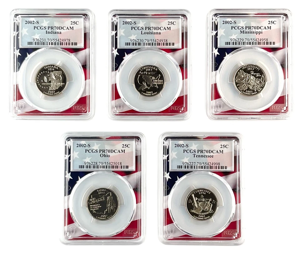 2002 S Clad Quarter 5 Coin Set PCGS PR70 Ultra Cameo - Flag Frame w/Case - Image 2 of 3
