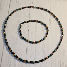 Summer Beach Handmade Boho Choker Beaded Necklace Bracelet Set Brown Blue