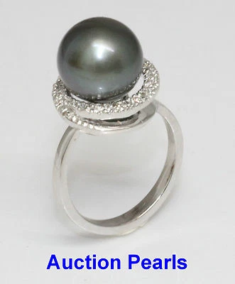Bague En Diamant Avec Perle De Tahiti Noire Vert 18k 11 mm AAA - Photo 1/3