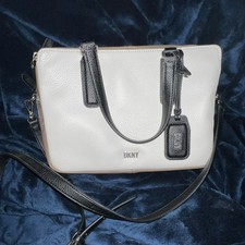 DKNY Shoulder Bag, Ivory Beige Black, Double Handles, Zip, Logo Accent, Brand C  