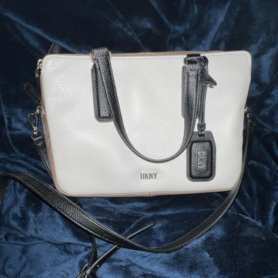 DKNY Shoulder Bag, Ivory Beige Black, Double Handles, Zip, Logo Accent, Brand C 