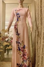 Ao Dai Vietnamese, Silk, Designer Flowers Long Dress With Pants. Size L