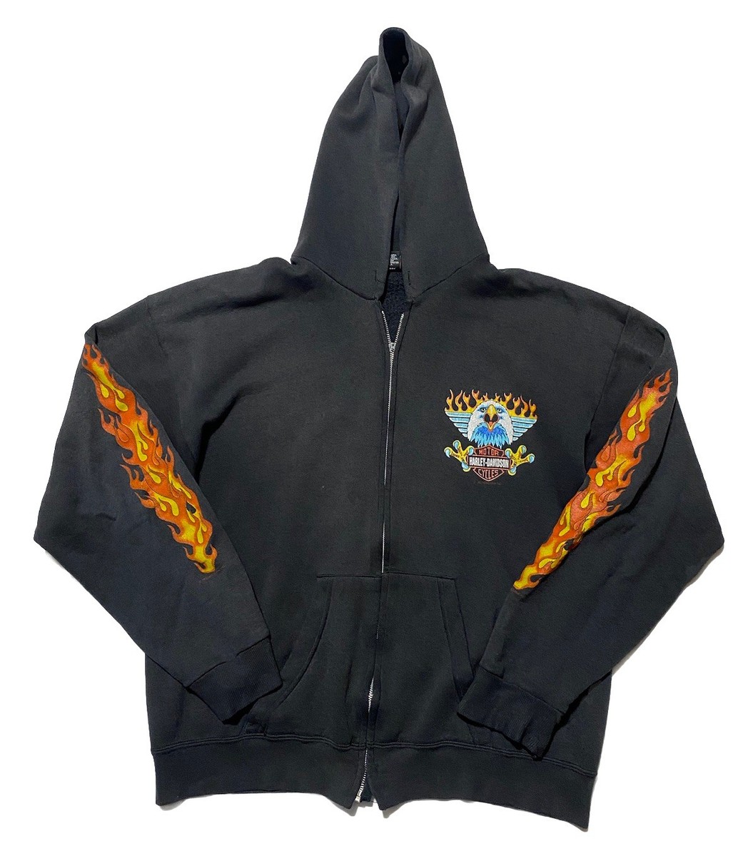 Vintage Harley Davidson Flame Sleeve Hoodie XL Made USA 90s Faded