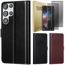 For Samsung S22/Plus/Ultra Leather Wallet Case Cover / Privacy Tempered Glass