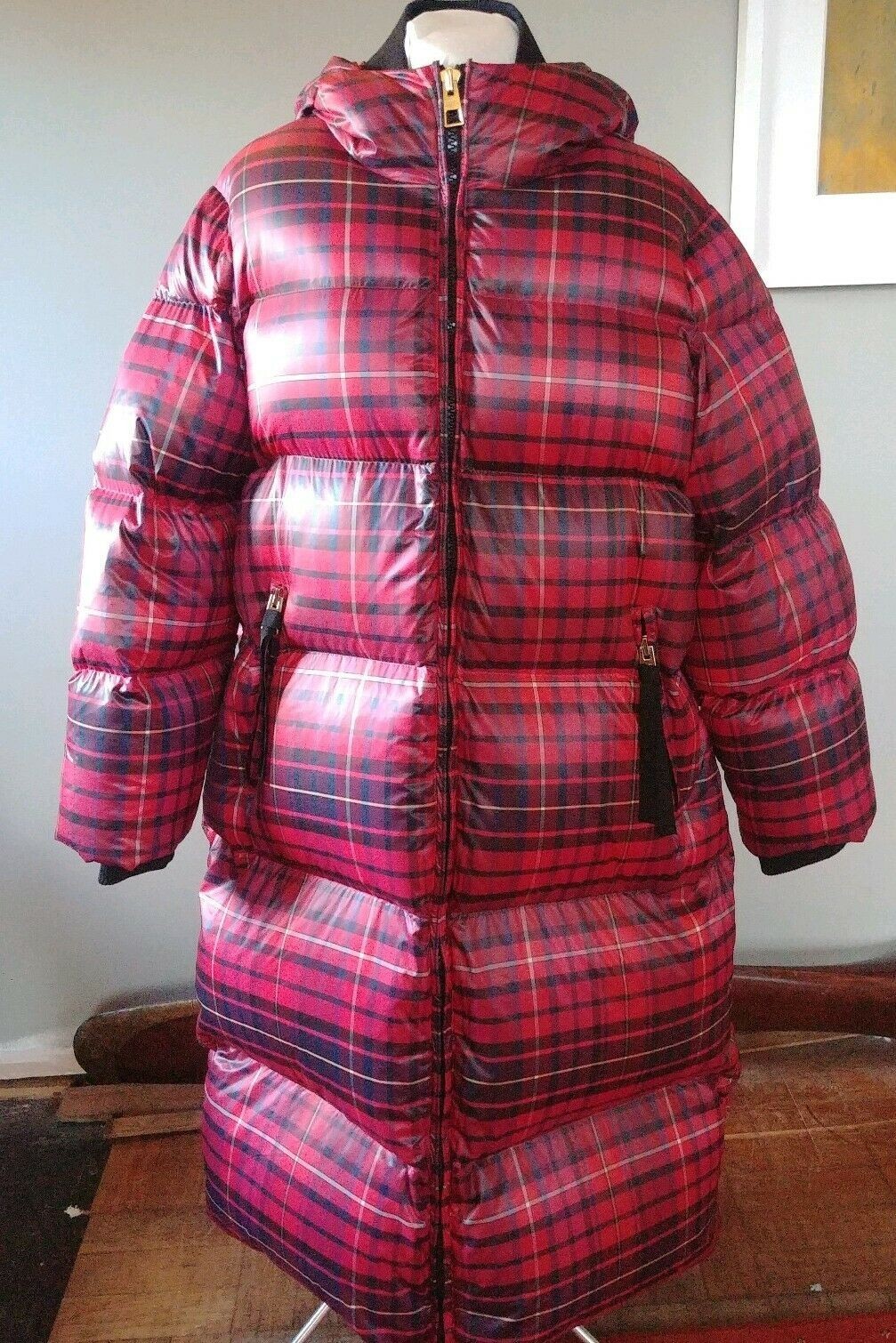 HILFIGER Collection Down Puffer Plaid Red Full Length Hooded Coat Size 4 NEW NWT image 3