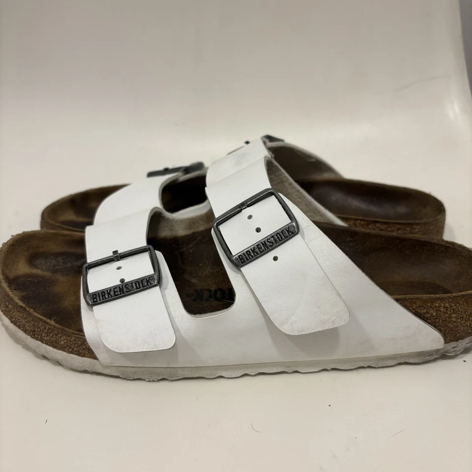 Sandalias Birkenstock Arizona Birko Flor para mujer EE. UU. 9 UE 40 cuero blanco suela de corcho Foto 2 de 4