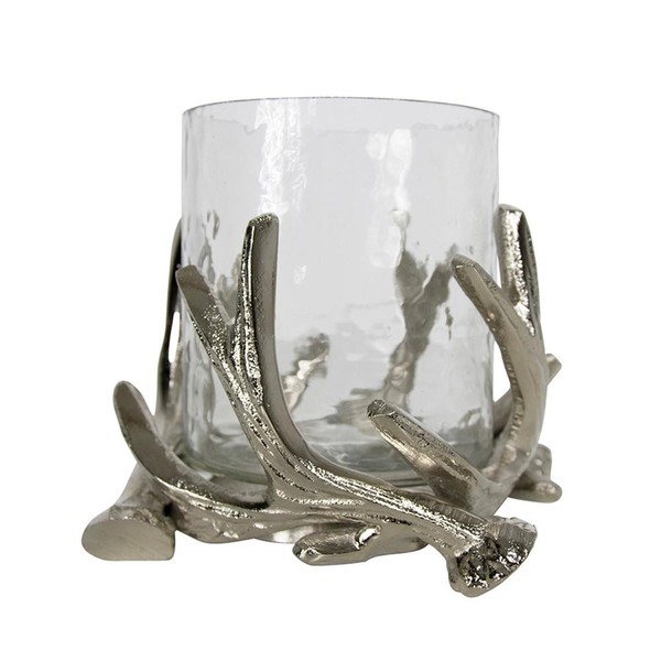 INNA-Glas Teelichthalter Xantippe, Geweih-Metallfuß, Silber-Klar, 12Cm, Ø16Cm-image