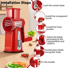 Pukomc 5-Blade Rotary Cheese Grater Mandoline Slicer Suction Base Red FREE SHIP