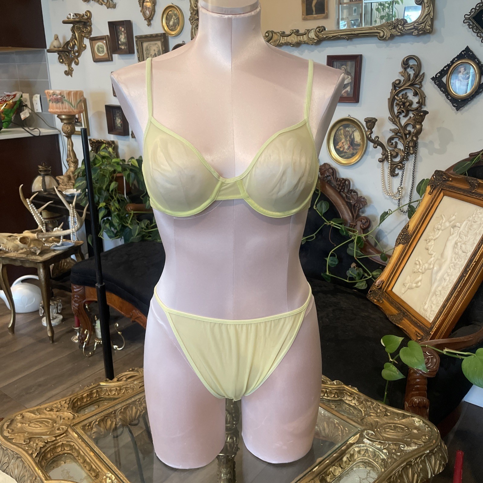Vintage Calvin Klein Pale Yellow Sheer Mesh Bra 36B and Panty Medium Set 85v