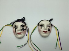 Vintage Clay Art Mardi Gras Faces Wall Masks Pair New Orleans Harlequin Ceramic