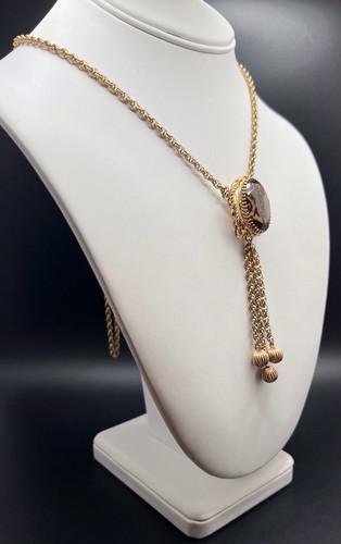 Vintage Gold Tone Rope Lariat Necklace Tassels Glass Stone Slide 28” Chain - Picture 2 of 6