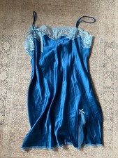 Vintage Y2K Victoria Secret Slip Dress Large Blue Satin Lace Fairy Lingerie