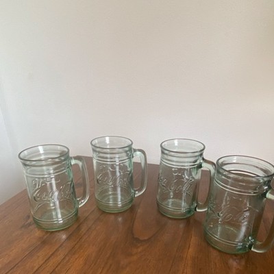 Coca-Cola Embossed Logo Clear Green Glass Handled Mug Set of 4