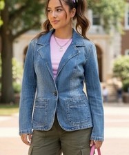 Vintage Y2K Gloria Vanderbilt Denim Blazer Jacket Medium Blue Stretch Cotton M