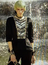 CHANEL 13C VINTAGE NEW BLACK JACKET RUFFLED FRONT CC BUTTON BROOCH FR38 $8.5K