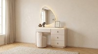 Premium Edel Frisiertisch Set Spiegel Hocker Beige Elegant Design Holz