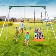 Large Heavy Duty 9.5ft Metal Swing Set for Kids Backyard with Trapeze Bar Swing