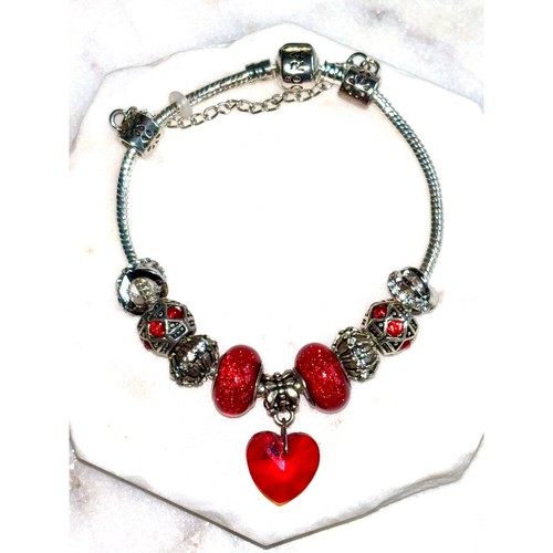 Pandora Sterling Silver Red Crystal Heart Charm Bracelet