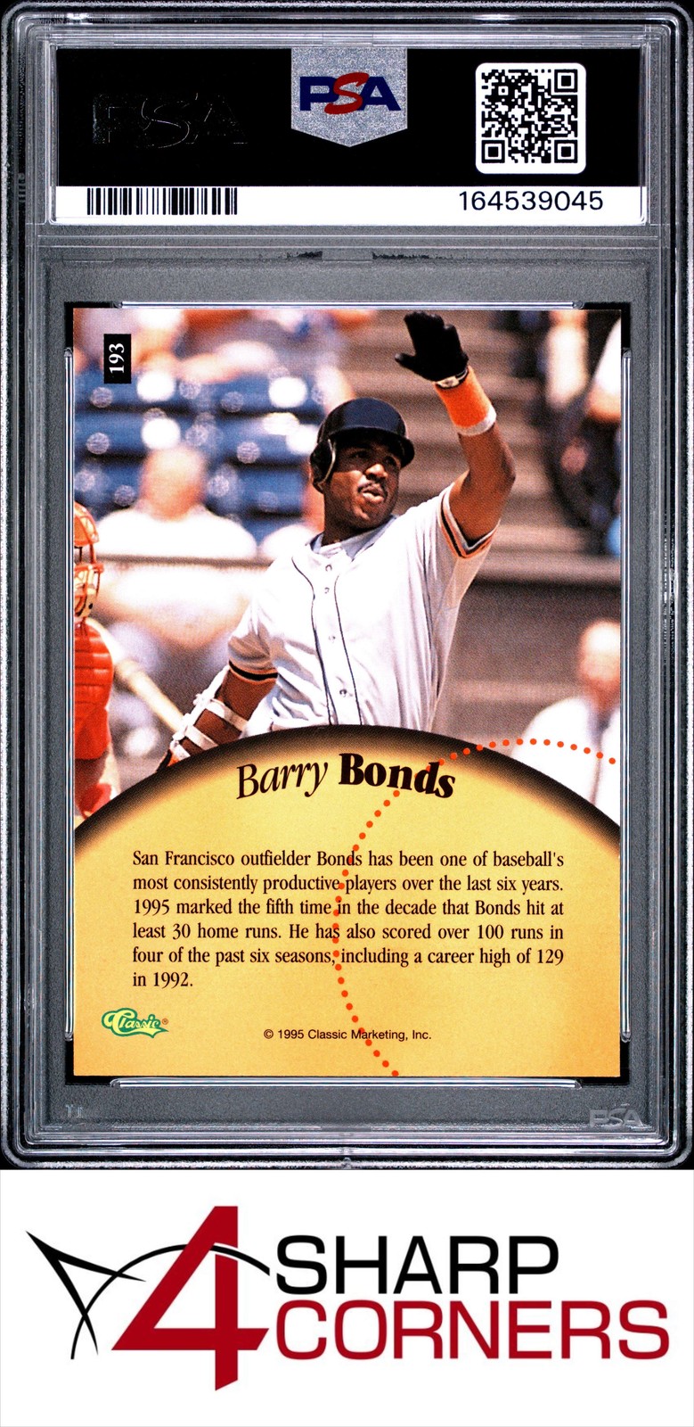 1995 CLASSIC 5 SPORT #193 BARRY BONDS PSA 10 view 2