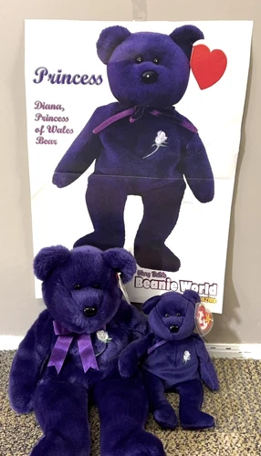 VTG Ty Beanie Baby Big Princess Diana with Mini Princess Diana Bear with Poster