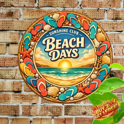 Hello Summer Flip-Flop Circle Design Aluminum Metal Tin Sign