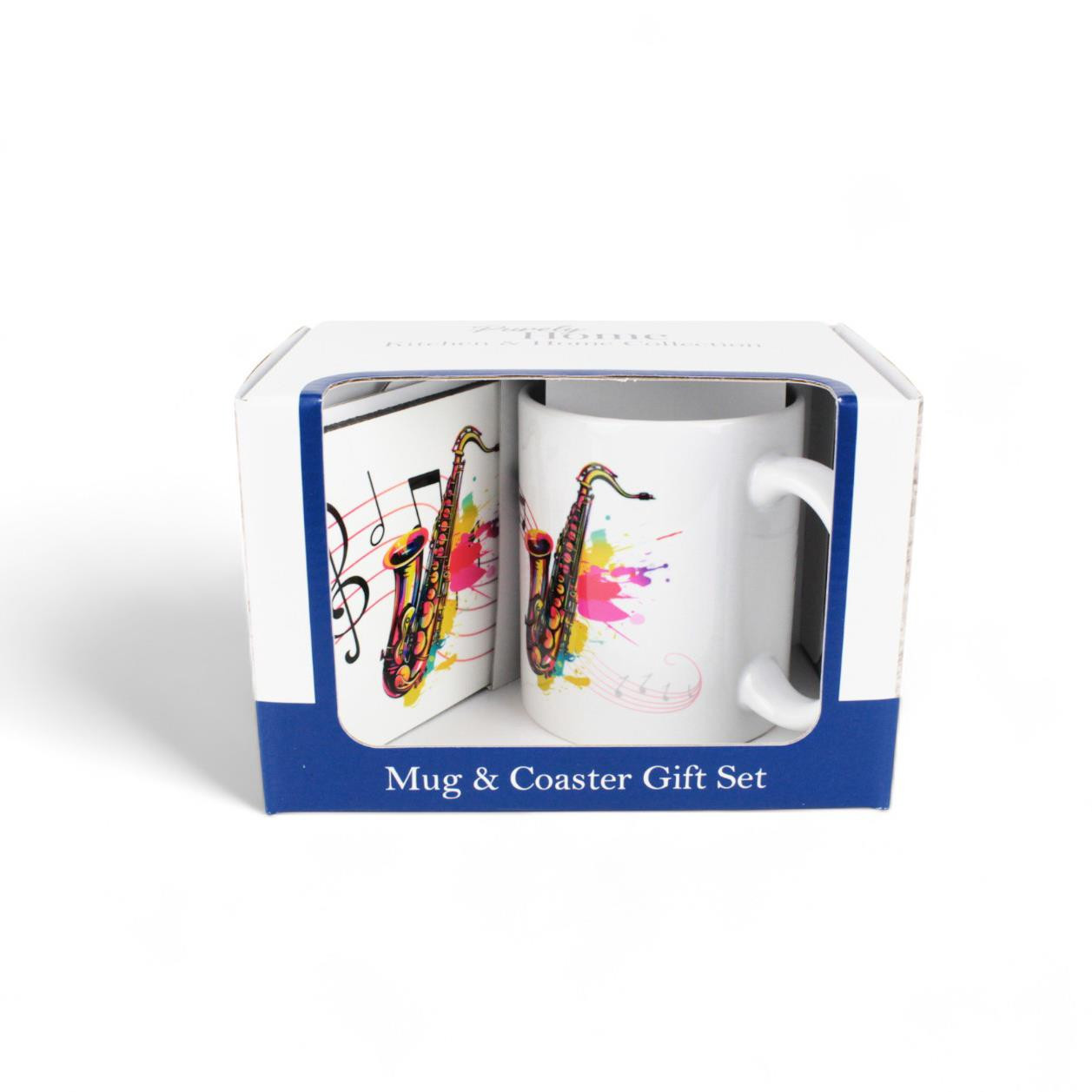 Colourful Instruments Mug & Coaster Gift Set - Ceramic/Cork Saxophone Present