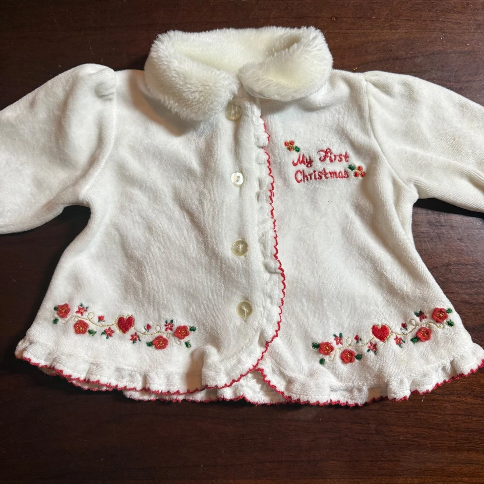 Babyworks My First Christmas Outfit 0-3M White Red Embroidered Velour Set - Image 3 of 4