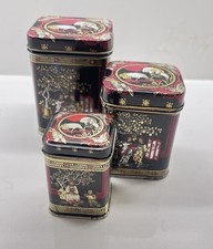 Vintage Set Of 3 Nested Floral Crane Metal Decorative Tea Tin Canisters
