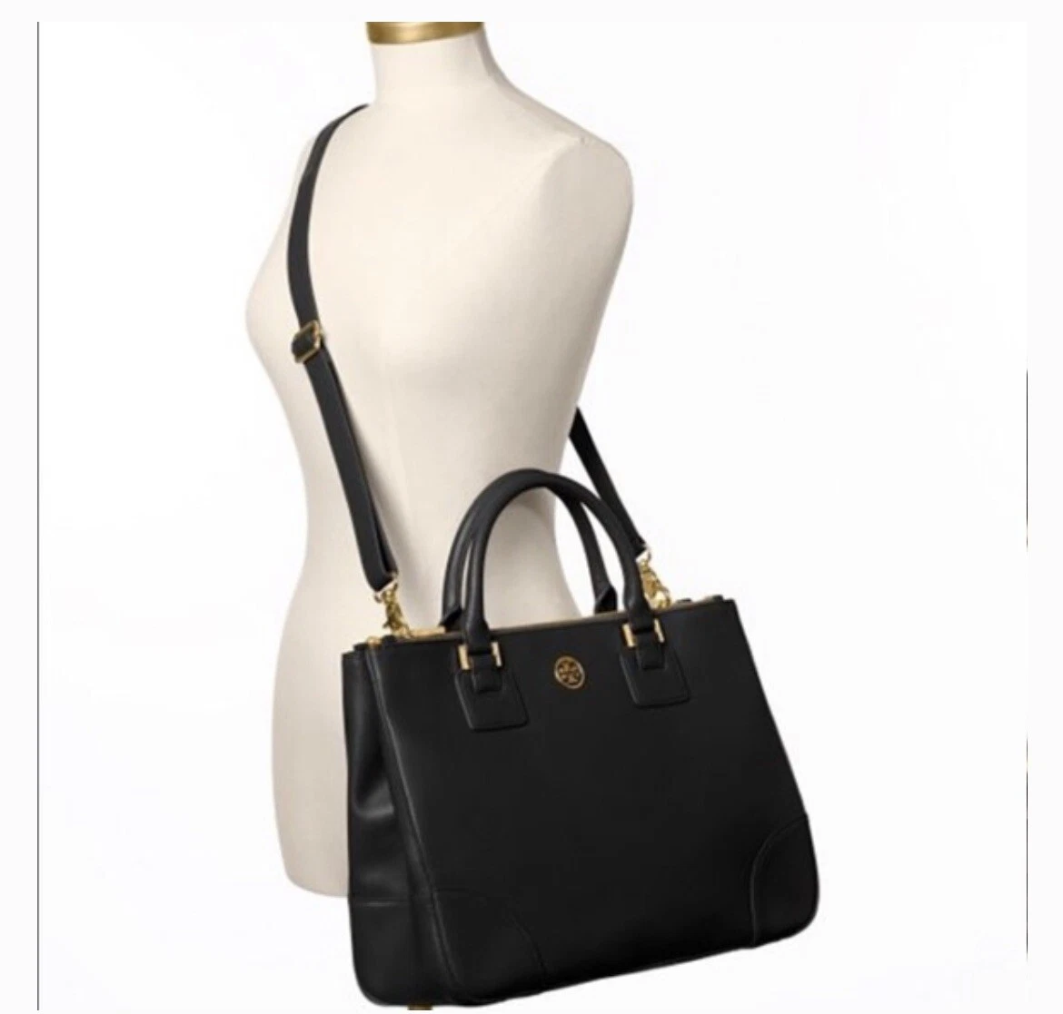 Tory Burch Robinson Double-Zip Saffiano Tote Bag, Black with Gold Hardware