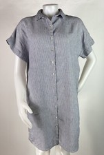 Tahari Size Medium Blue Striped Linen Button Front Shirt Dress Short Sleeve