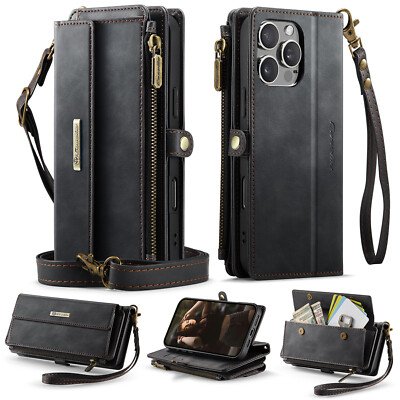 Crossbody Leather Wallet RFID Case Fr iPhone 16e 16 Pro Max 15 14 13 12 11 8 7 X