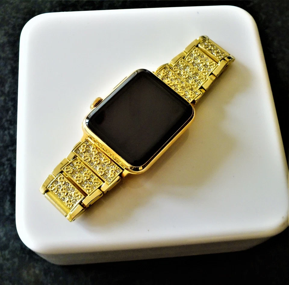 24ct Gold Plated 42MM Apple Watch Smart Gold Links Band Diamond Rhinestones 24K, photo 3 of 5