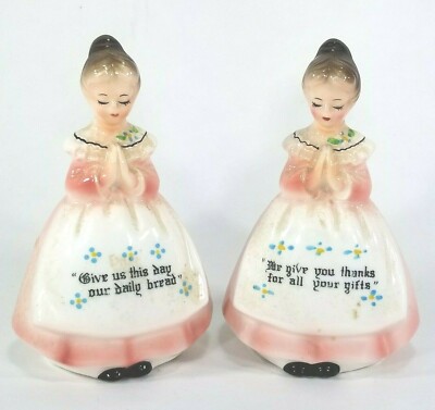 Enesco Prayer Maids/Girls Vtg Ceramic Salt & Pepper Shakers, E-3348, Give Thanks