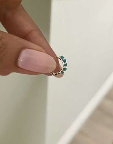 Turquoise Beaded Huggie Earrings 14k Yellow Gold Natural Round Mini Hoop 0.72ct - Picture 7 of 8
