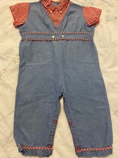 Vtg Carter's Overall Romper/Jumpsuit Blue With Red Checked Trim 27-29 Lb XL
