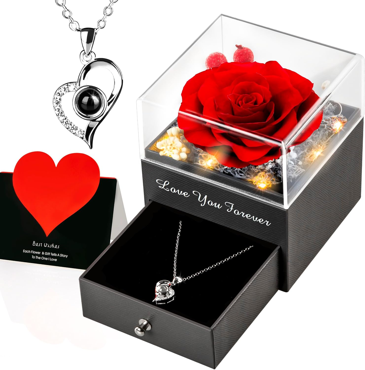 Best Wish Rose Preserved Flower with Love Necklace Jewelry Gift Box for Women VA