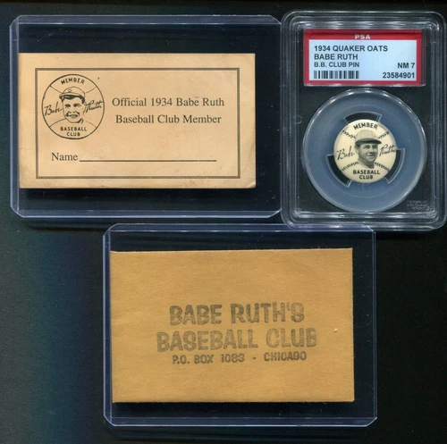 1934 Quaker Oats Babe Ruth Baseball Club Pin w/ Membership Card & Envelope PSA 7