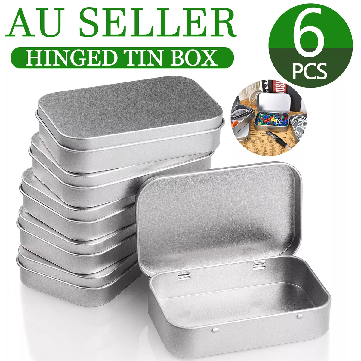 6Pcs Metal Hinged Tin Box Container Blank Portable Small Storage