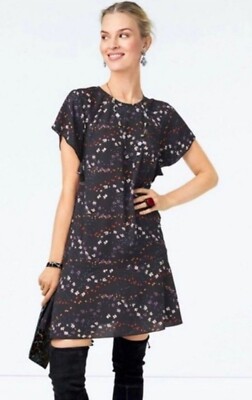 dark grey shift dress CAbi Muse Dark Grey Floral Shift Dress Sz M Gray Floral Flutter Sleeve Ruffle