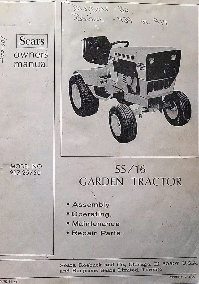 Sears Suburban SS 16 Lawn Garden Tractor Owner Parts Manual