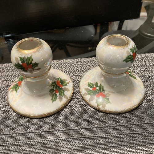Vintage Ucagco Lusterware Christmas Holly Berry Candle Holder Pair, Japan Made - 第 1/10 張圖片