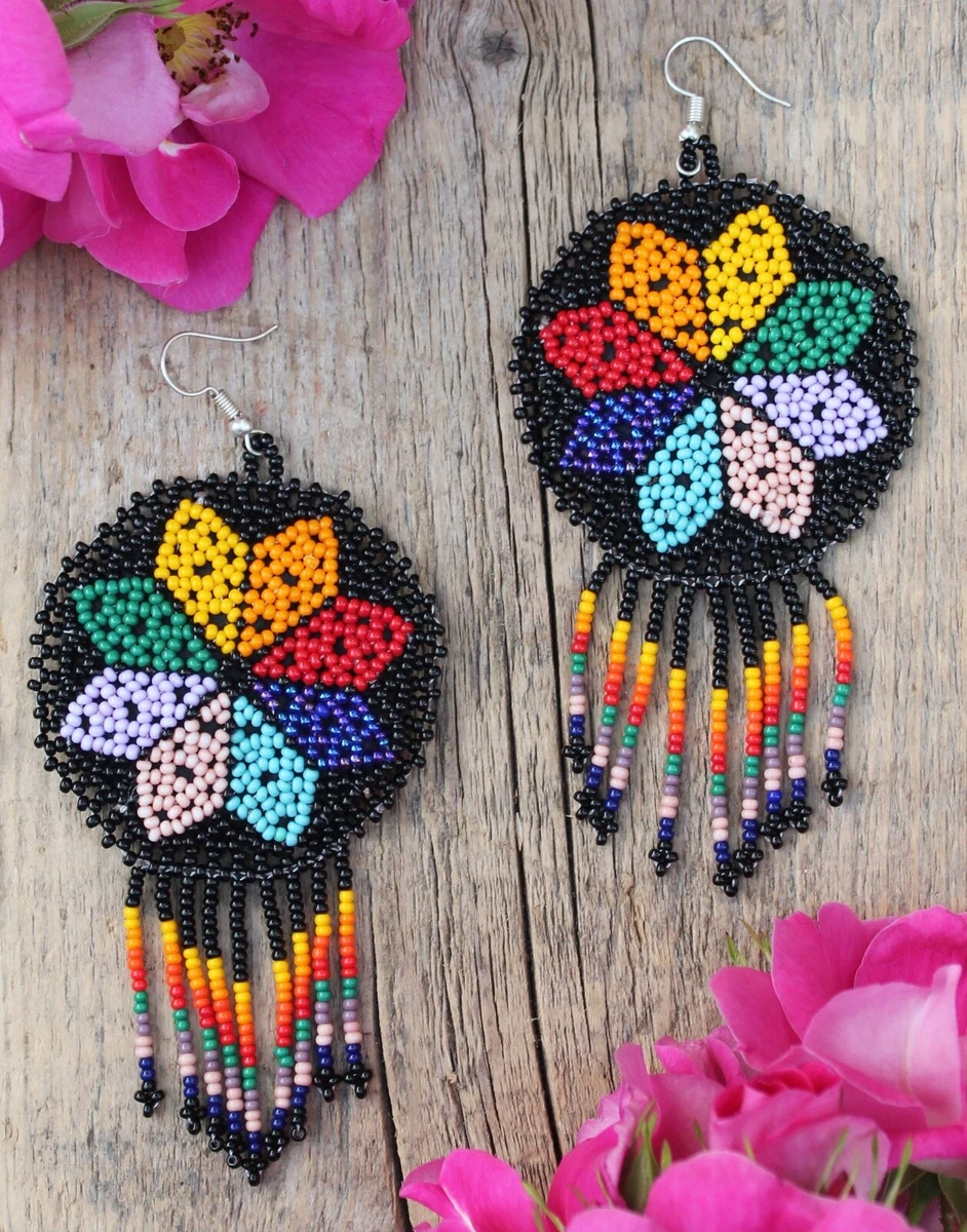 4 Long Beaded Earrings Traditional Huichol Indian Handmade Mexican