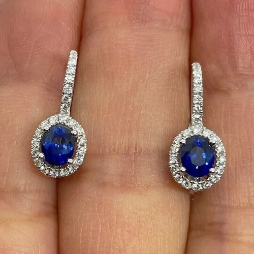 4.50Ct Oval Cut Created Blue Sapphire Drop Dangle Earrings 14K White Gold Finish - Picture 3 of 5