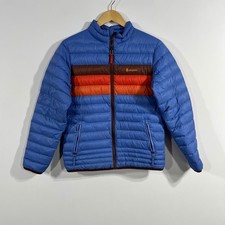 Cotopaxi Kids XL Fuego Down Jacket Blue Orange Stripe Puffer Coat Ski Snow Cold