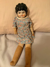 Antique Vintage China Head Doll Cloth Body Black Curly Hair 18 Floral Dress