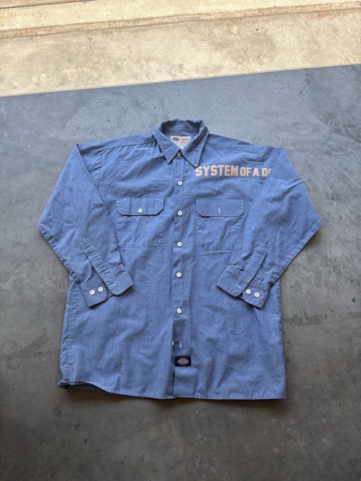 Dickies vtg 90s 1/1 custom “SYSTEM OF A DOWN” blue chambray work shirt image 3