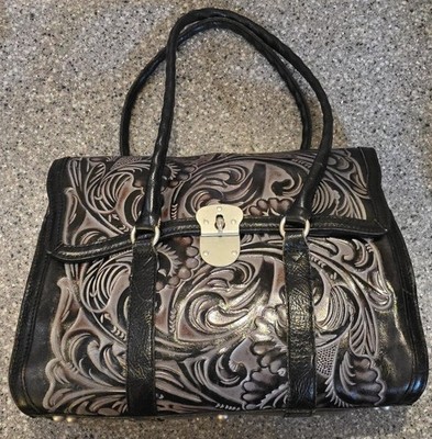Patricia Nash ''Vienna'' X-Large Black Leather Satchel w/Tooled Flowers NWOT MINT